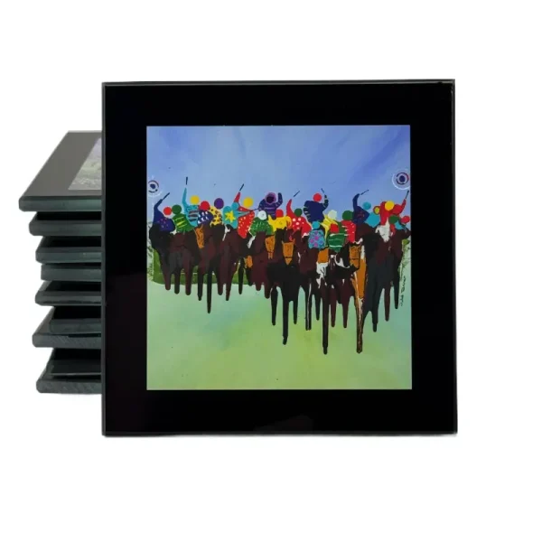A glass coaster showing as abstract painting of a horse race by Julia Tanner art