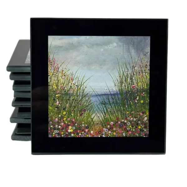 a coaster of flowers by the seaside by Isle of Wight artist Julia Tanner