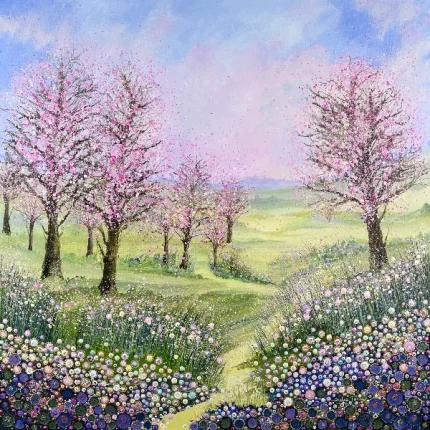 a painting of cherry trees with pink blossom by Julia Tanner Art
