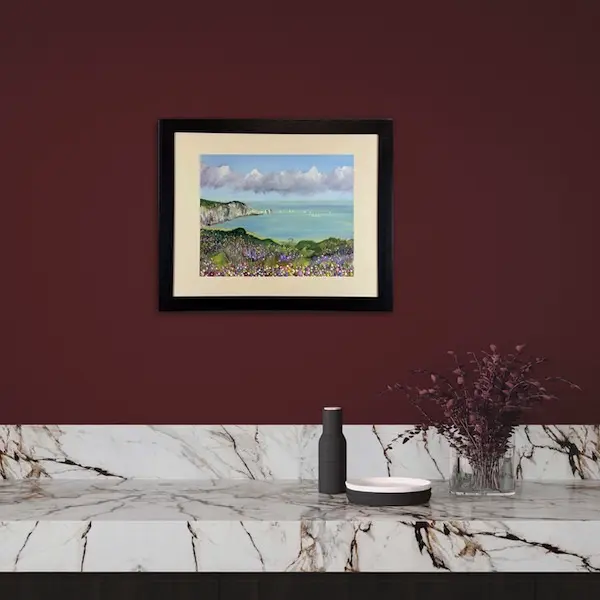 alum bay black frame roomset alum bay art framed in black in a room setting by Julia Tanner art