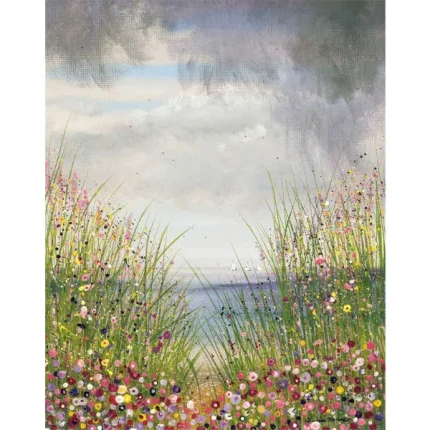 a painting by Isle of Wight artist Julia Tanner showing flowers by the sea - floral seaside art