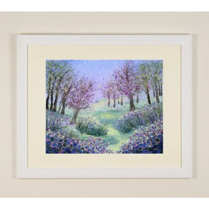 a white framed hand embellished print of cherry trees by Julia Tanner Art