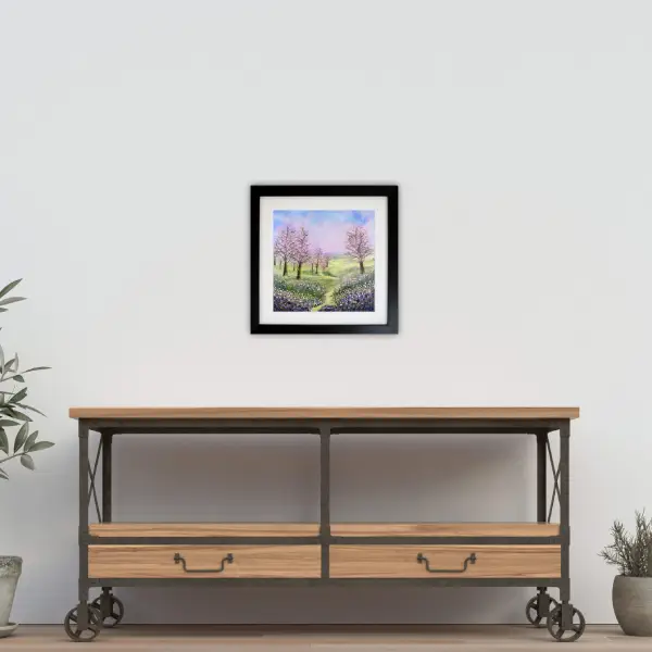 cherry blossom black frame room setting cherry blossom, a painting by Julia Tanner Art, framed in black and displayed in a room setting