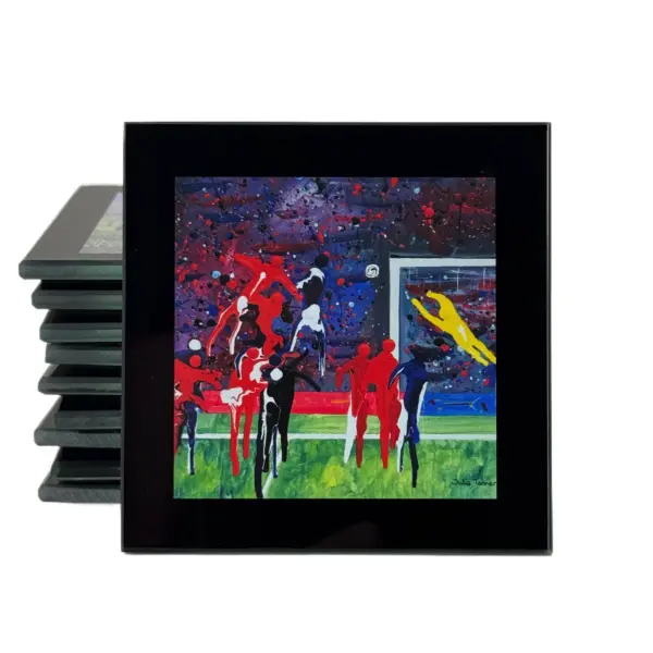 a glass coaster showing a football match by Julia Tanner