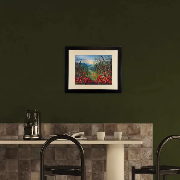 poppies black frame roomset poppy meadow art print in a black frame by Julia Tanner art
