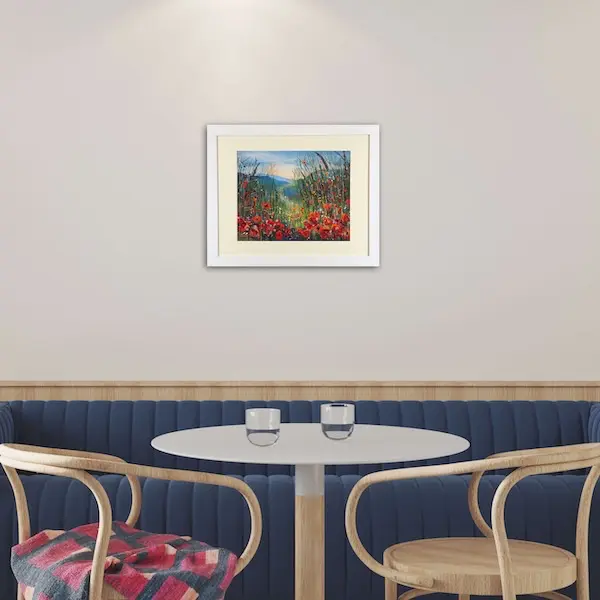 poppies white framed room setting copies a painting by Isle of Wight artist Julia Tanner