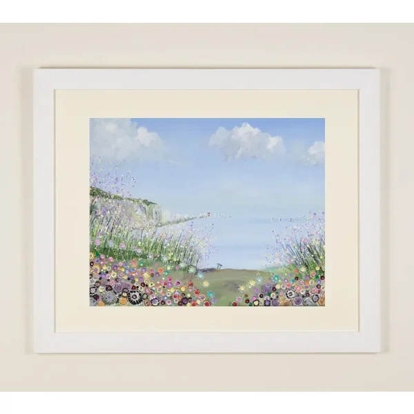 summer at the needles framed hand embellished print a white framed hand embellished print of the needles lighthouse at alum bay on the Isle of Wight by Julia Tanner Art