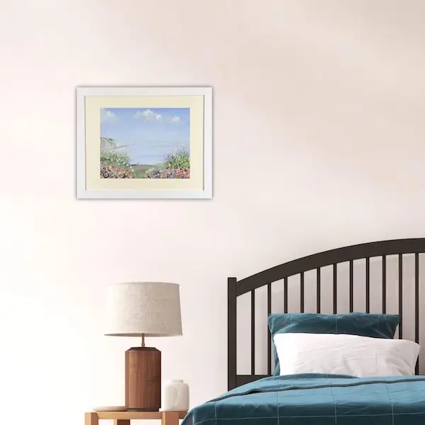 summer at the needles white frames room set Isle of Wight art in a white frame by Julia Tanner