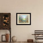 abstract flower painting by Julia Tanner art in a black frame in a room setting