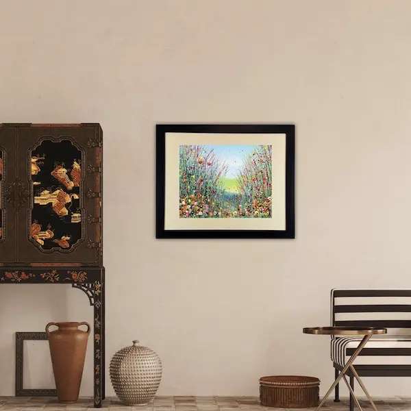 summer meadow black frame roomset abstract flower painting by Julia Tanner art in a black frame in a room setting