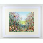 a white framed hand embellished print of a wildflower meadow by Isle of Wight artist Julia Tanner