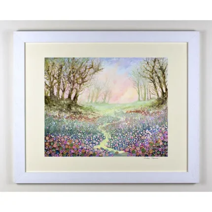 a framed hand embellished print of a woodland at dusk by Julia Tanner Art