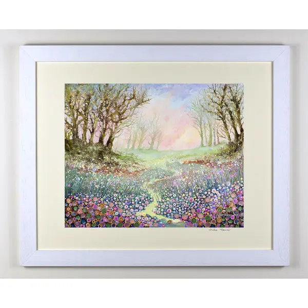 twilight stroll framed hand embellished print a framed hand embellished print of a woodland at dusk by Julia Tanner Art