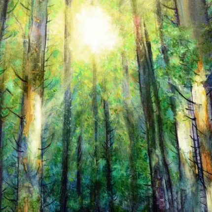 detail shot of sunlit forest, a woodland painting by Isle of Wight artist Julia Tanner