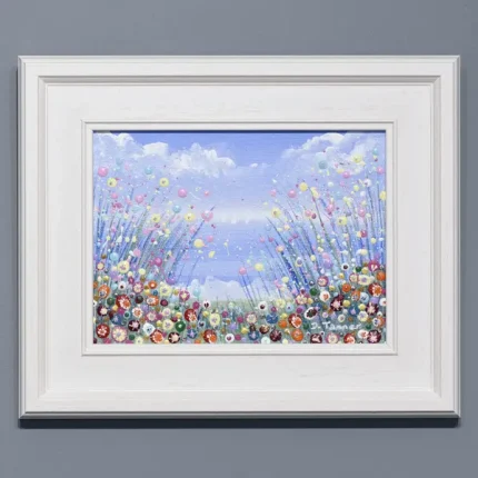 a pretty seaside painting - a glimpse of summer, am original painting by Julia Tanner, framed and hanging on the wall