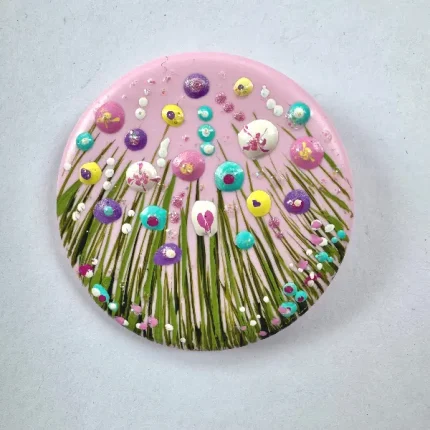 round flower meadow brooch - wearable art round flower meadow brooch handmade and handpainted by Isle of Wight artist Julia Tanner