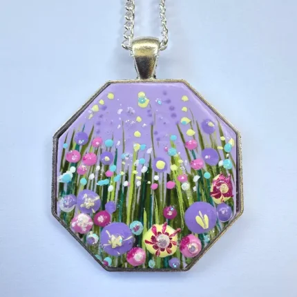 lilac octagonal bezel flower meadow necklace by Isle of Wight artist Julia Tanner
