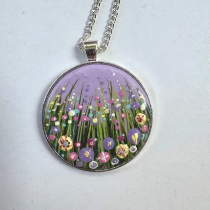 lilac round bezel flower necklace hand painted jewellery by Julia tanner art