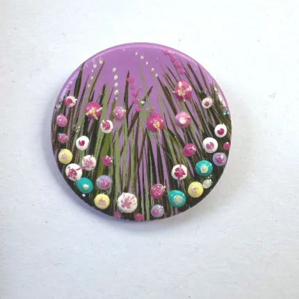 round lilac hand painted flower brooch by Julia tanner