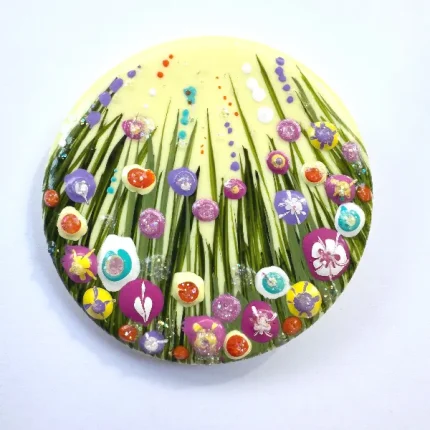 a lemon round flower meadow brooch hand painted with a miniature flower meadow