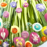 details of the flowers on a lemon round flower meadow brooch by Julia Tanner Art