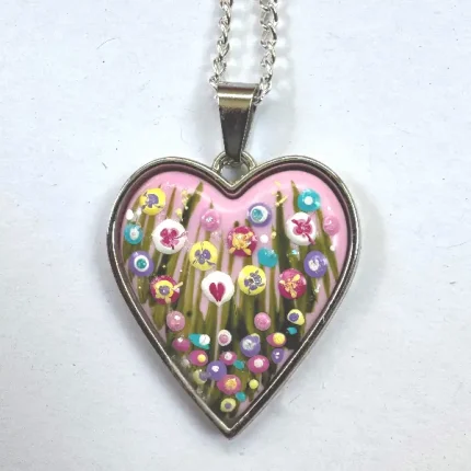 pink heart flower necklace by Julia tanner art