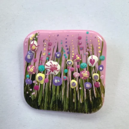 pink square hand painted flower brooch by Julia tanner art