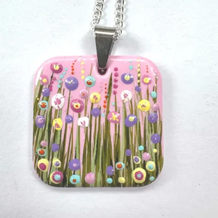 pink square flower meadow necklace by Isle of Wight artist hyla tanner