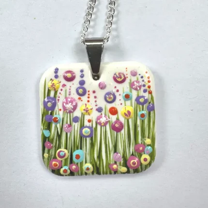 white square flower meadow necklace with hand painted flowers by Julia tanner art